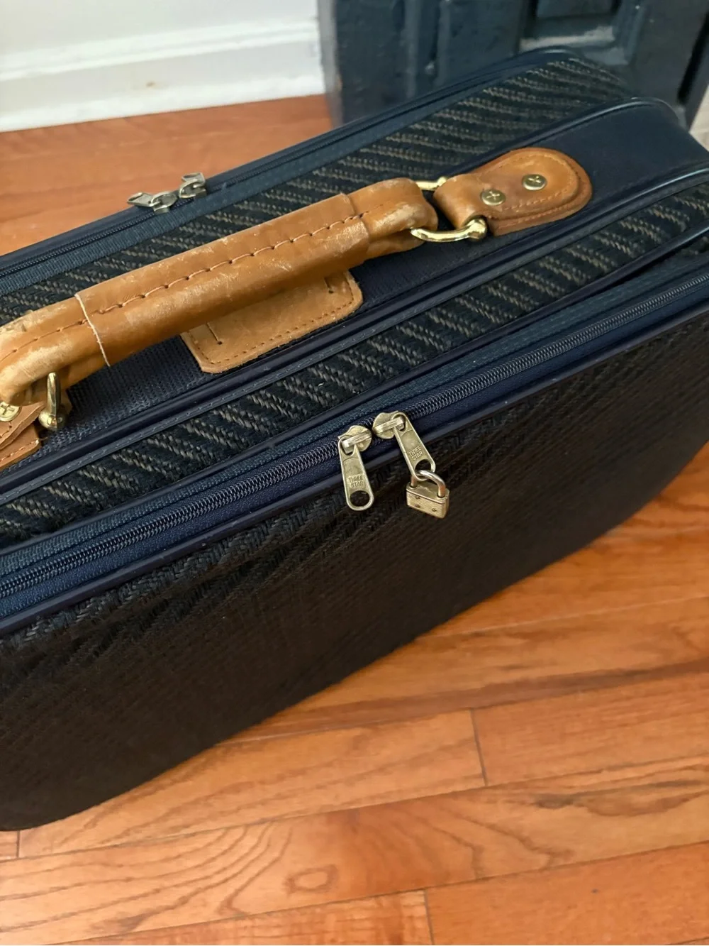Vintage Oscar de la Renta Travel briefcase in charcoal with tan leather details.